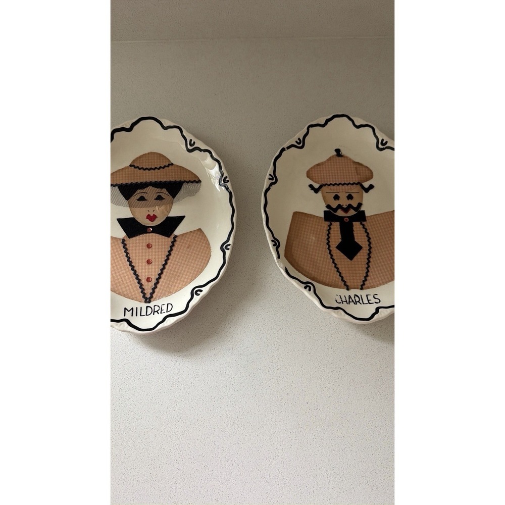 Vintage Kitschy FabricDecorative Kitchen Hanging Plates Lady & Man Set Of 2
